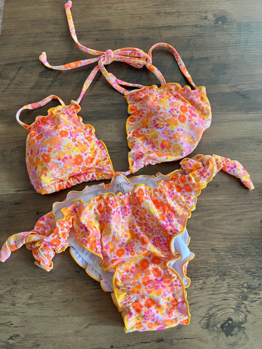 Orange Pink Floral Halter Ruffle Edges Side Tie Bikini Set - Picture 2 of 7